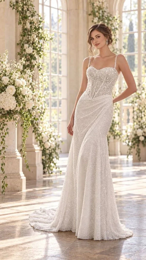 Trouwjurk Genevieve 11450X, fit and flare met pailletten