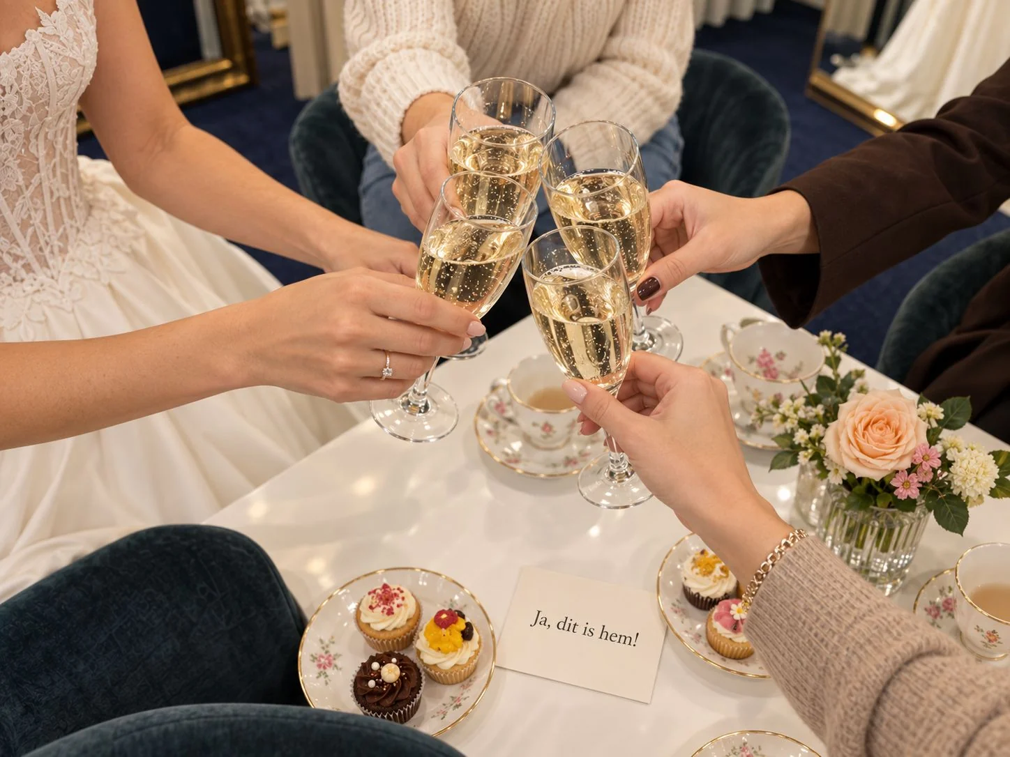 Proosten met bubbels aan tafel in de bruidssalon, met cupcakes en een kaartje: Ja, dit is hem!