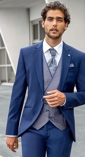 Roberto Vicentti blauw trouwpak met asymmetrisch gilet