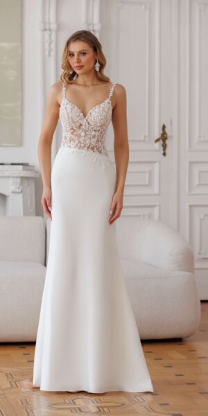 Fit & flare trouwjurk Darling Jarice met transparant kanten lijfje en asymmetrische taille – Weggemans Bruidsmode Emmen