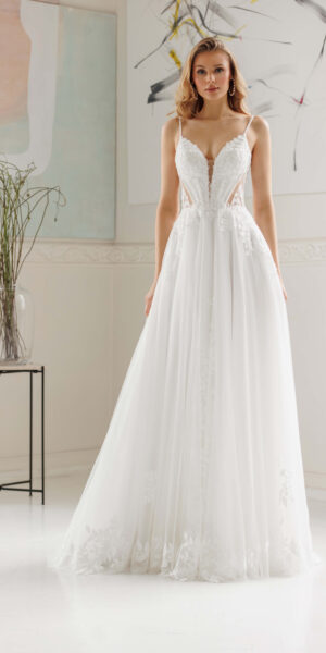 Trouwjurk Dolce A-lijn met kanten lijfje en spaghettibandjes – Weggemans Bruidsmode Emmen