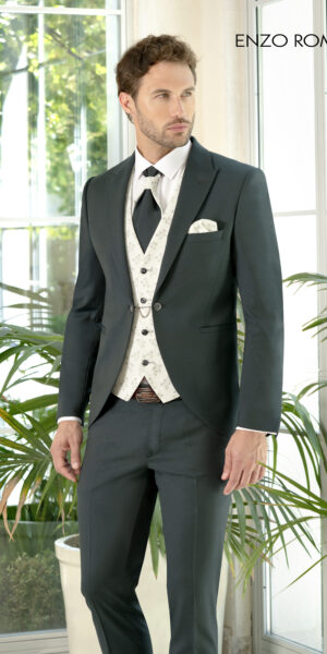 Enzo Romano groen trouwpak met ivoor kleurig gilet