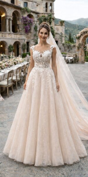 romantische bruid in zalmkleurige bruidsjurk met sluier