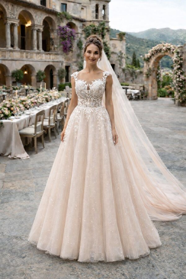 romantische bruid in zalmkleurige bruidsjurk met sluier