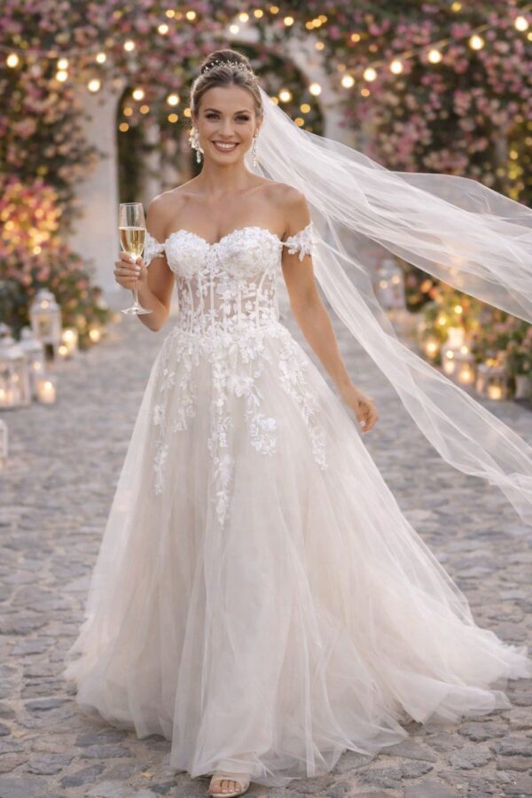 Bruidsjurk model Bridget van Azuree Bridal gedagen door een parchtige bruid