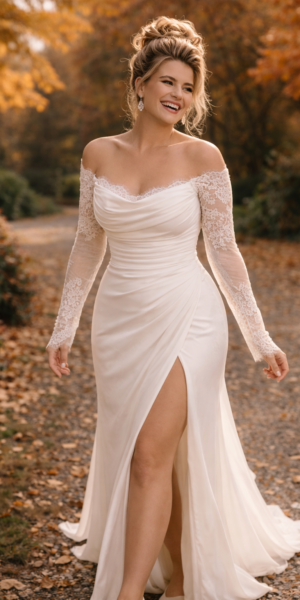 Alternative view of Strakke bruidsjurk lange mouwen en split – Jessa