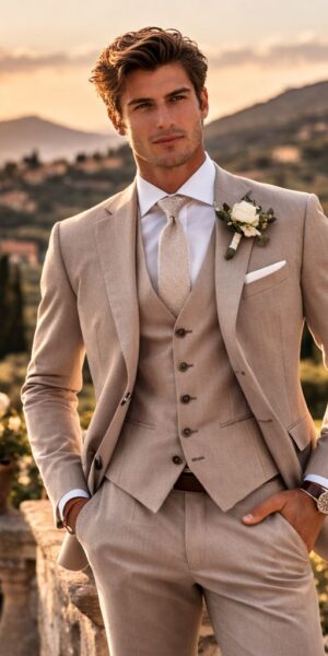 beige zandkleurig trouwpak