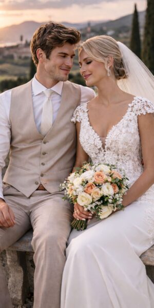 Zandkleur trouwpak met bruid op een bankje