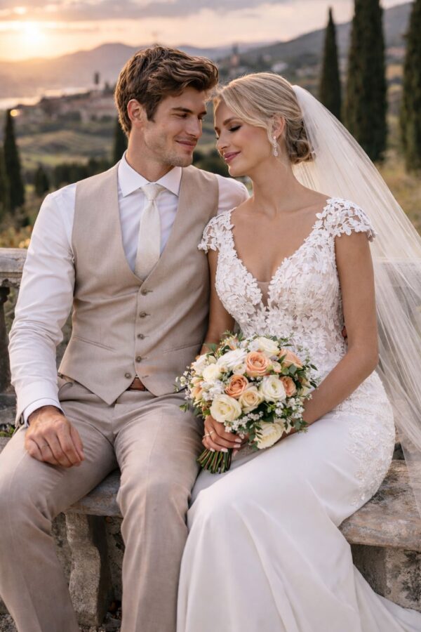 Zandkleur trouwpak met bruid op een bankje