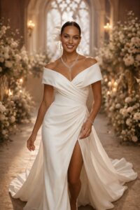 PRachtige bruid in bruidsjurk Koni off shoulder, less is more jurk