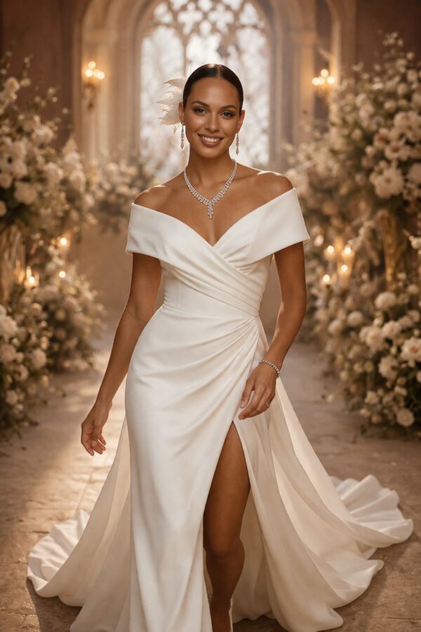 PRachtige bruid in bruidsjurk Koni off shoulder, less is more jurk