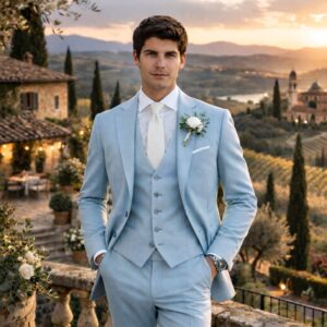 mooie bruidegom in lichtblauw trouwpak van Weggemans