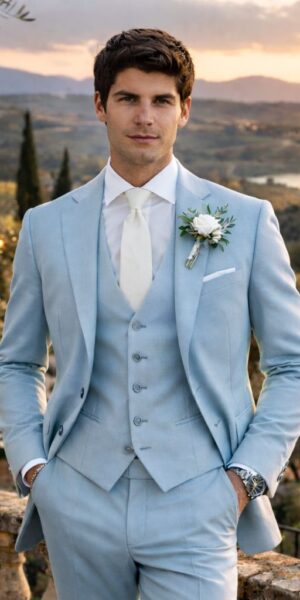 mooie bruidegom in lichtblauw trouwpak van Weggemans